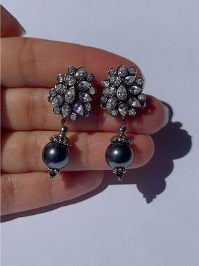 Mughal Era, Tahitian Pearl Earrings Cubic Zirconia, Oxidized 925 Silver